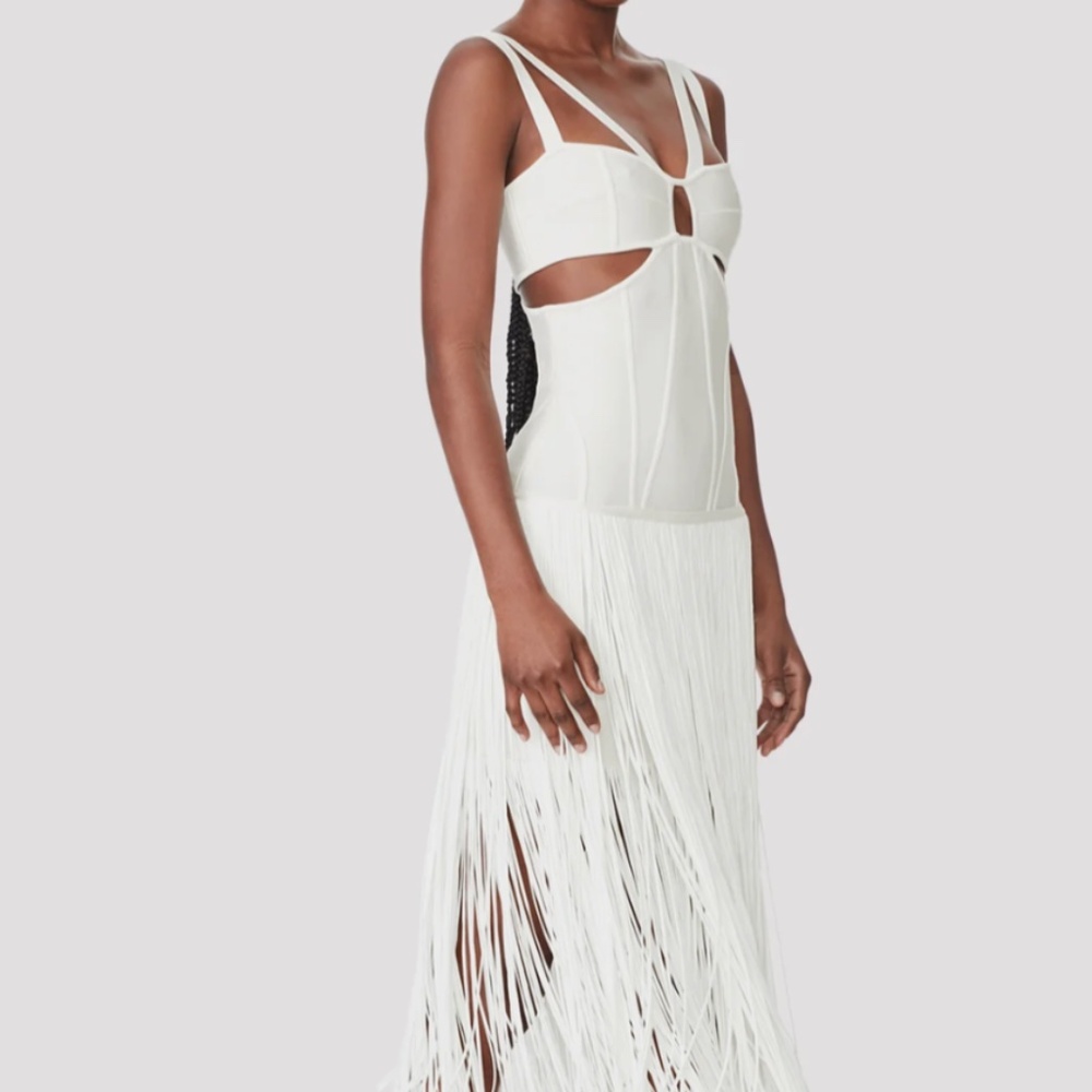 Herve Leger Paris Women's Ivory Fringe Cutout Strappy Dress Size S NWT - Picture 2 of 7